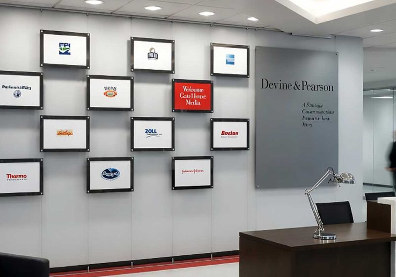 Donor Recognition Wall Display with Cable Suspension Systems – Matte black backed acrylic frames with large logo panel and easy-change inserts