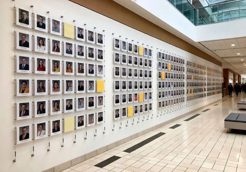 E1012 — Employee Photo Wall Display Mounted with Wall-to-Wall Cable System