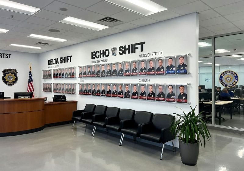 E1028 — Changeable Photo Wall Display with Hook-on Acrylic Pockets and Horizontal Rods | Design Concept