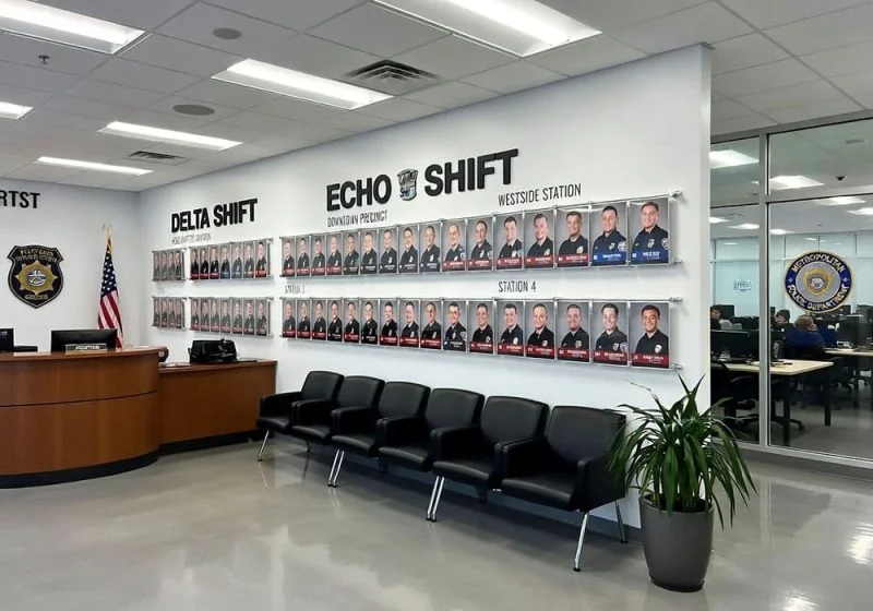 E1028 — Changeable Photo Wall Display with Hook-on Acrylic Pockets and Horizontal Rods | Design Concept