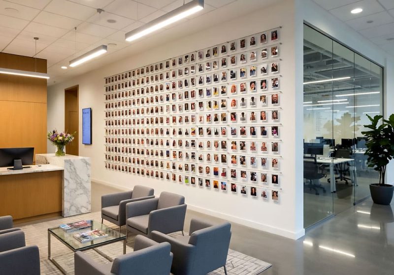 E1035 — Employee Photo Wall Display with Hook-on Acrylic Holders and Rod System | Design Concept