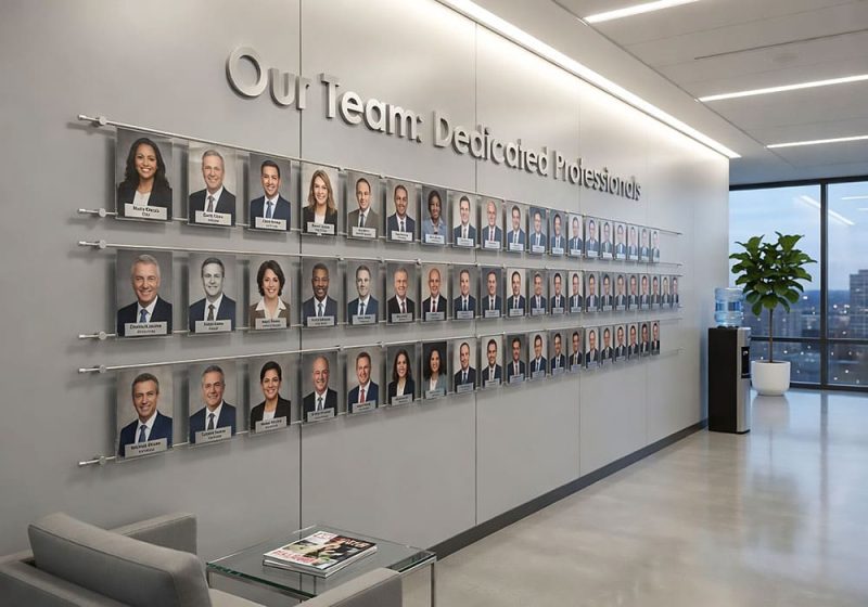 E1045 — Employee Photo Wall Display with Hook-on Acrylic Holders and Rod System | Design Concept