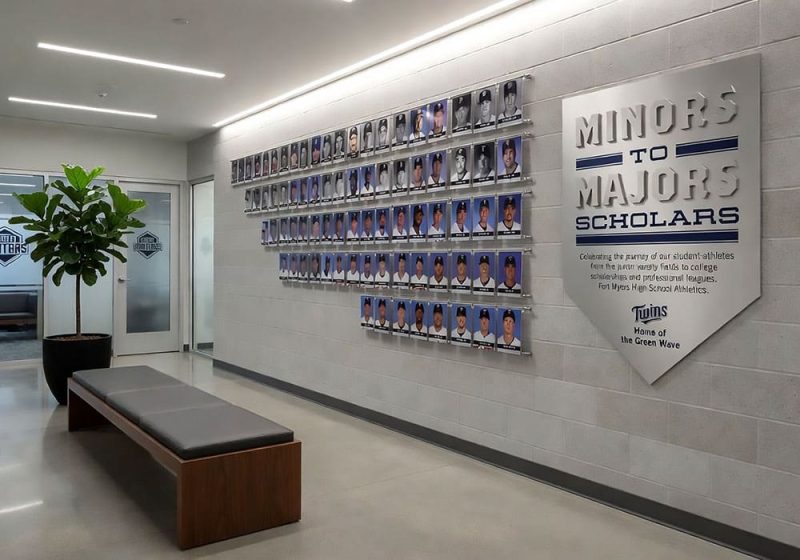 E1048 — Sports Team Photo Wall Display with Hook-on Acrylic Holders and Rod System | Design Concept