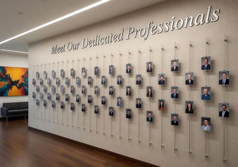 E1049 — Employee Photo Wall Display with Acrylic Frames and Vertical Single-Rod System | Design Concept