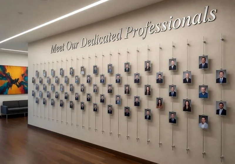E1049 — Employee Photo Wall Display with Acrylic Frames and Vertical Single-Rod System | Design Concept