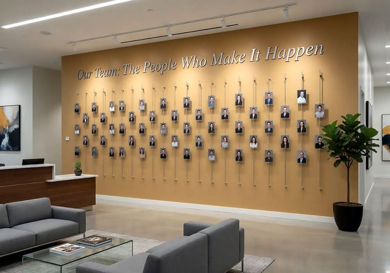 E1050 — Employee Photo Wall Display with Acrylic Frames and Vertical Rod System
