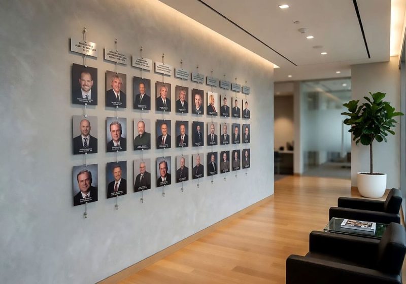 E1055 — Employee Photo Wall Display with Acrylic Frames and Vertical Single-Rod System | Design Concept