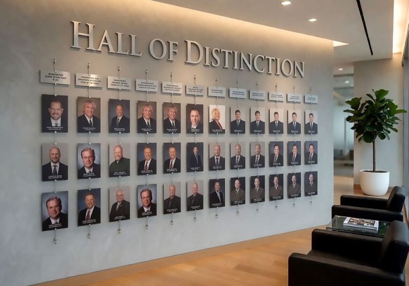 E1056 — Employee Photo Wall Display with Acrylic Frames and Vertical Single-Rod System | Design Concept