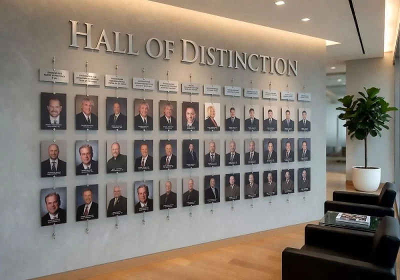 E1056 — Employee Photo Wall Display with Acrylic Frames and Vertical Single-Rod System | Design Concept