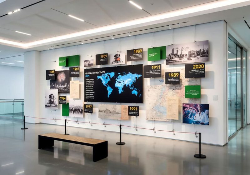 H2001 — Corporate Wall Displays Milestone Timeline with Cable Systems | Design Concept