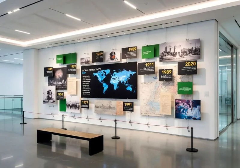 H2001 — Corporate Wall Displays Milestone Timeline with Cable Systems | Design Concept