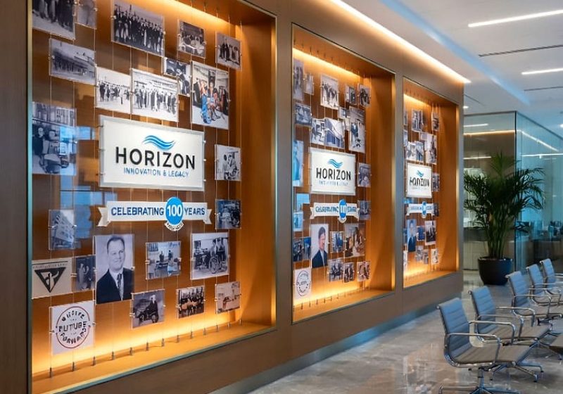 H2002 — Corporate Wall Displays Milestone-Timeline with Cable Systems and Ceiling/Floor Rail | Design Concept