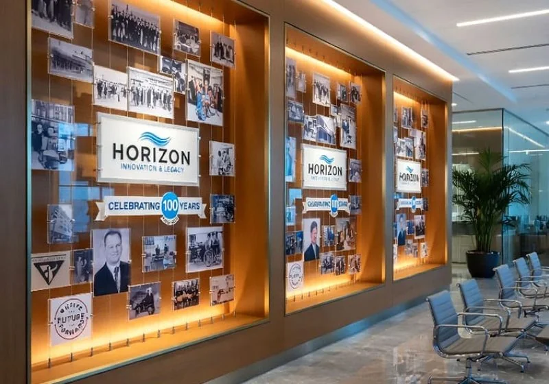 H2002 — Corporate Wall Displays Milestone-Timeline with Cable Systems and Ceiling/Floor Rail | Design Concept