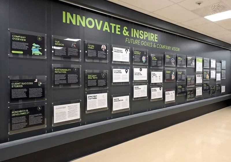H2005 — Corporate Wall Display Milestone-Timeline with Rail-Track Mounted Tension Cable Systems | Design Concept