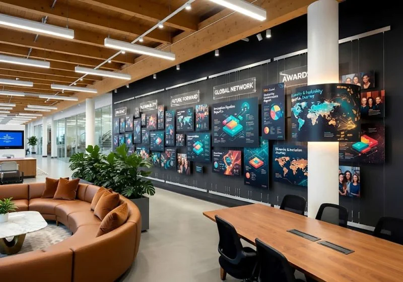 H2018 — Corporate Wall Display Milestone-Timeline with Rail-Track Mounted Tension Cable Systems | Design Concept