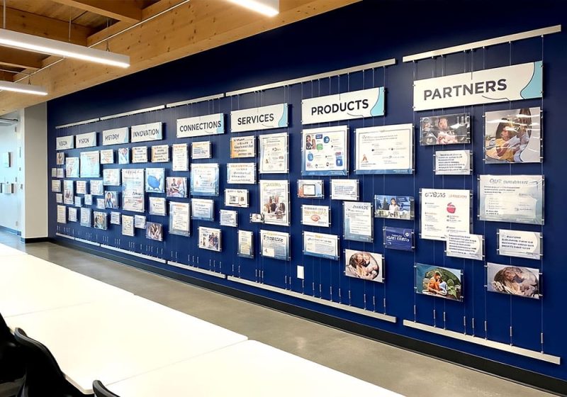 H2019 — Corporate Wall Display Milestone-Timeline with Rail-Track Mounted Tension Cable Systems