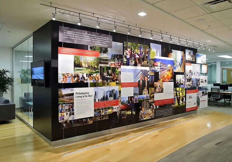 H2021 — Corporate Wall Displays Milestone-Timeline with Tension Cable Systems and Ceiling/Floor Rail | Design Concept