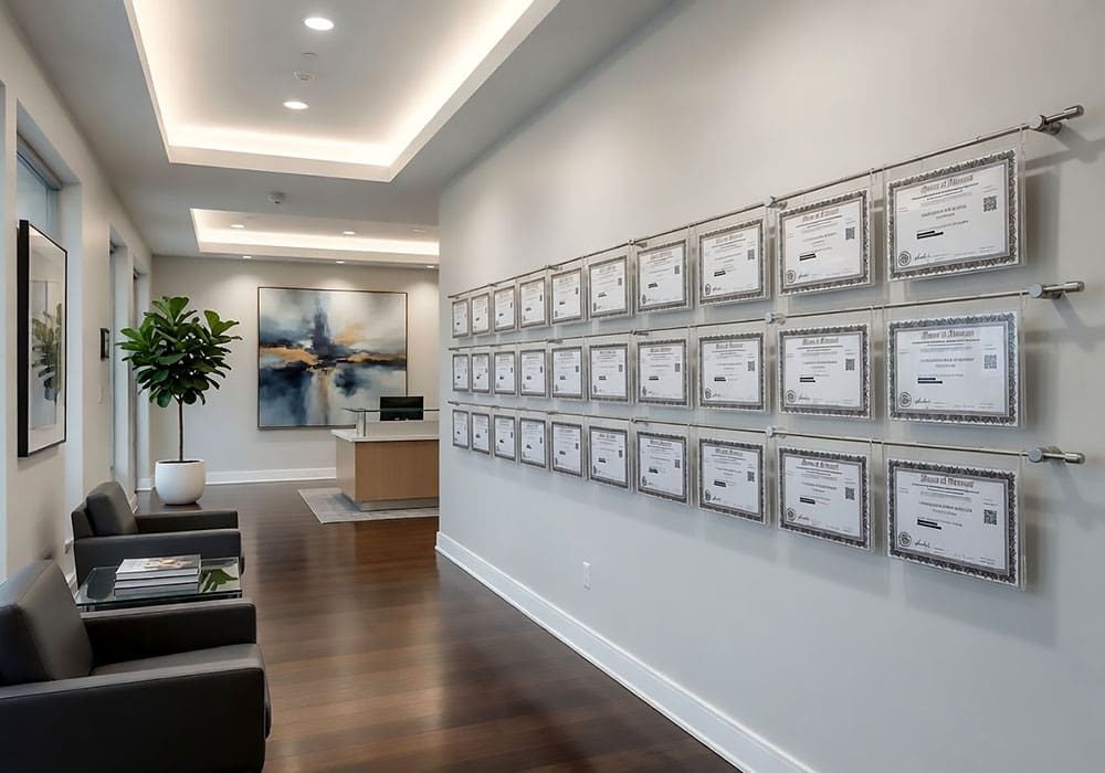 H3001 — Certificate Wall Display with Horizontal Rod Systems and Hook-on Acrylic Holders