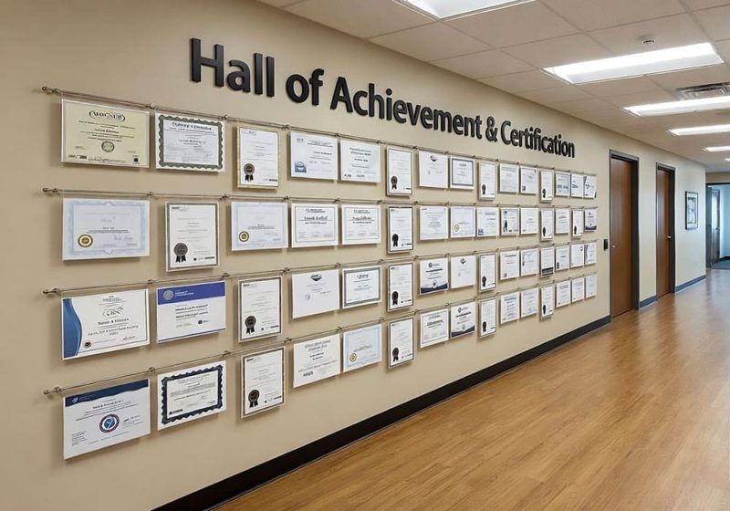 H3003 — Certificate Wall Display with Horizontal Rod Systems and Hook-on Acrylic Holders | Design Concept