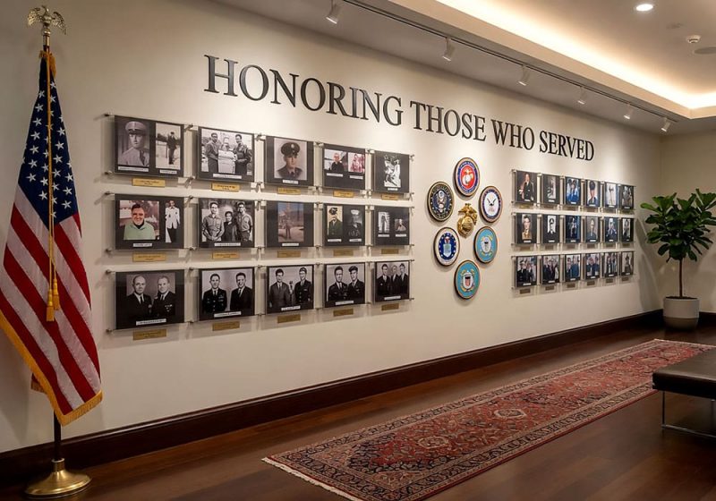 H4011 — Wall of Honor Display with Horizontal Rod System and Hook-on Acrylic Frames | Design Concept