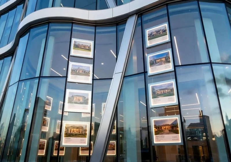L1029 — Window Display with LED Bright-Lit Acrylic Frames Suspended with Cable Systems