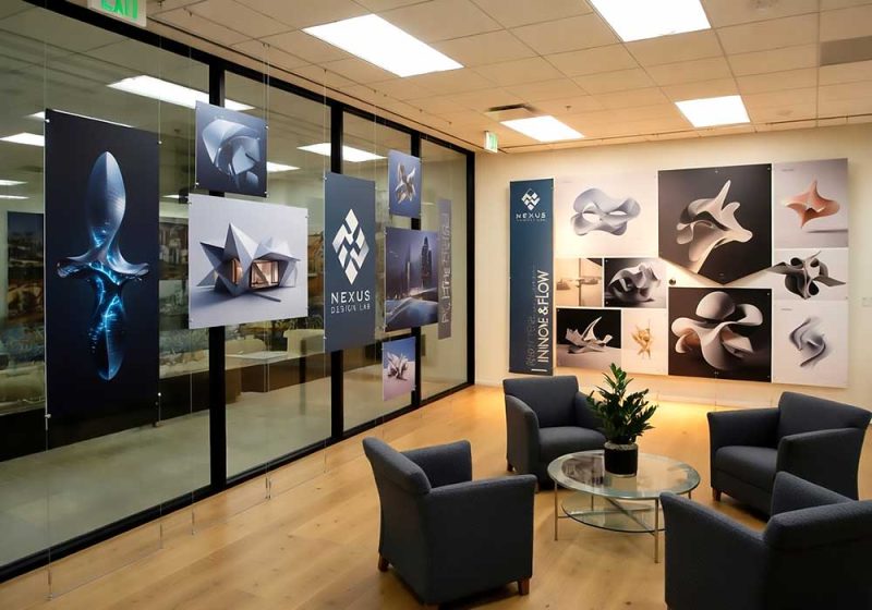 P2026 — Architectural Render Images and Photos Wall Display with Cable Suspended Graphic Panels | Design Concept