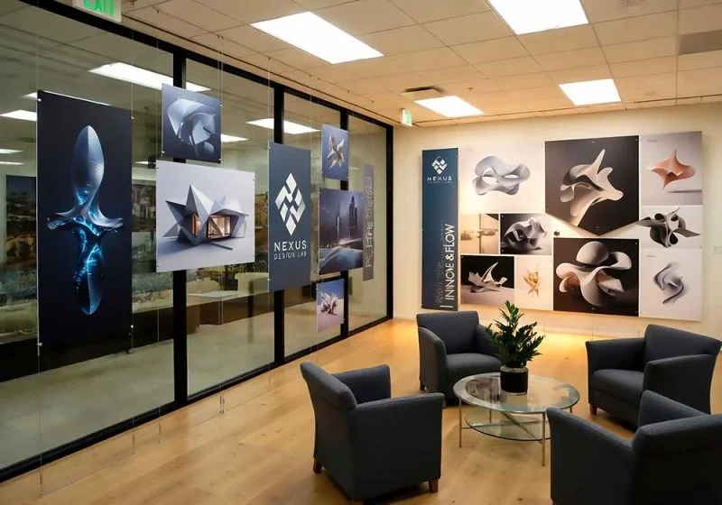 P2026 — Architectural Render Images and Photos Wall Display with Cable Suspended Graphic Panels | Design Concept