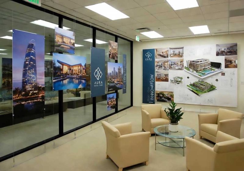 P2027 — Architectural Render Images and Photos Wall Display with Cable Suspended Graphic Panels | Design Concept