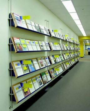 R4004 — Custom Brochure Wall Display Suspended with Rod Systems | Design Concept R4004 — Custom Brochure Wall Display Suspended with Rod Systems | Design Concept