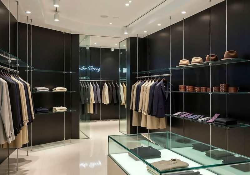 R5014 — Retail Display with Glass Shelf Suspended on Rod Systems | Design Concept