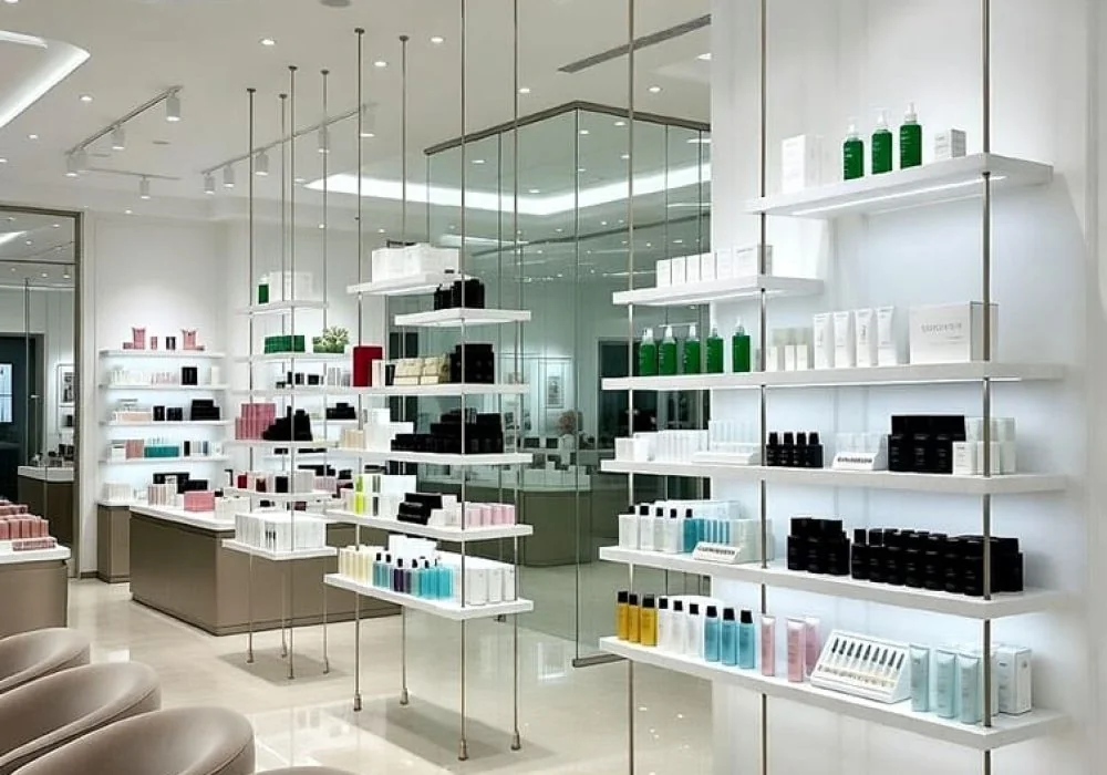 R5017 — Retail Display with Custom Shelves Suspended on Rod Systems | Design Concept