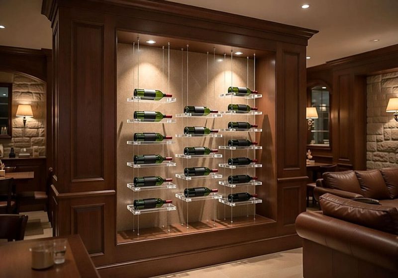 V1000 — Cable-Hanging Acrylic Block Shelves with Clear Polished Edges for Wine Bottle Showcasing | Design Concept
