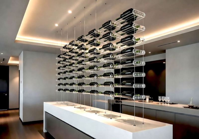 V1002 — Cable-Suspended Acrylic Rack with Rod-Grid Assembly for Wine Bottle Showcase | Design Concept
