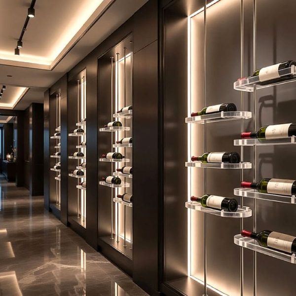 V1005 — Rod-Suspended Acrylic Nest-Shelves with Clear Polished Edges for Wine Bottle Showcasing | Design Concept