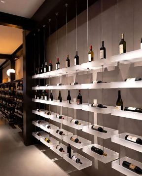 V1009 — Cable-Suspended Acrylic Box-Style Shelves for Wine Bottle Showcasing | Design Concept V1009 — Cable-Suspended Acrylic Box-Style Shelves for Wine Bottle Showcasing | Design Concept