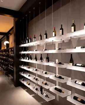 V1009 — Cable-Suspended Acrylic Box-Style Shelves for Wine Bottle Showcasing | Design Concept