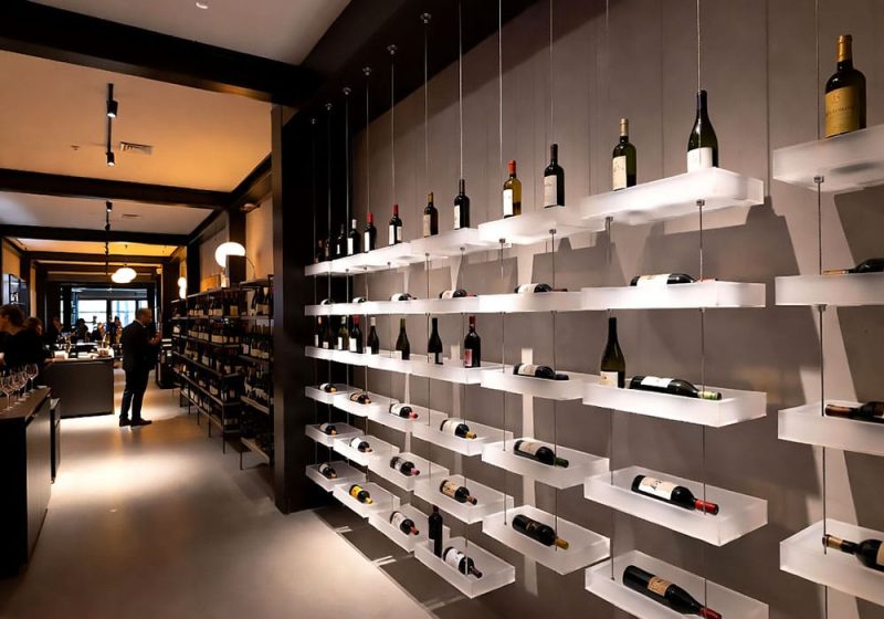 V1009 — Cable-Suspended Acrylic Box-Style Shelves for Wine Bottle Showcasing | Design Concept