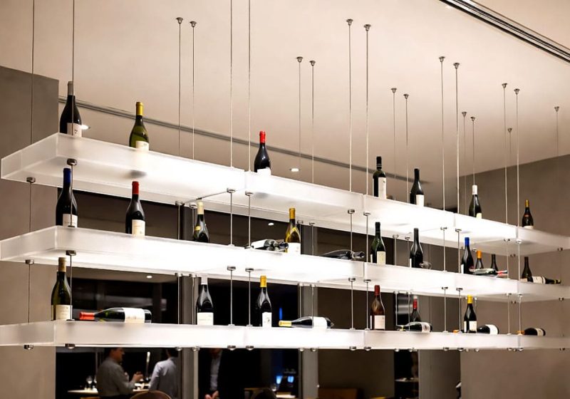 V1010 — Cable-Suspended Acrylic Box-Style Shelves for Wine Bottle Showcasing | Design Concept