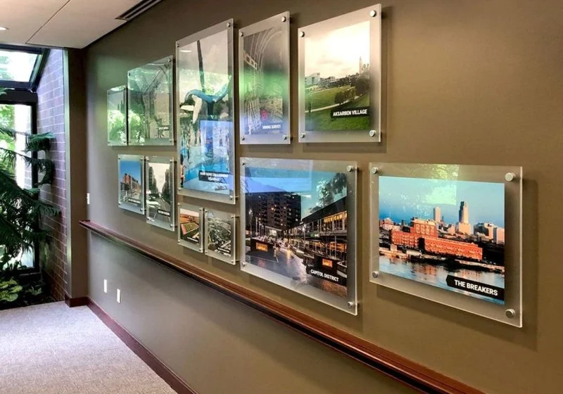 W2509 — Frameless Acrylic Poster Frames with Standoffs / Lamp Rynearson Conference Room